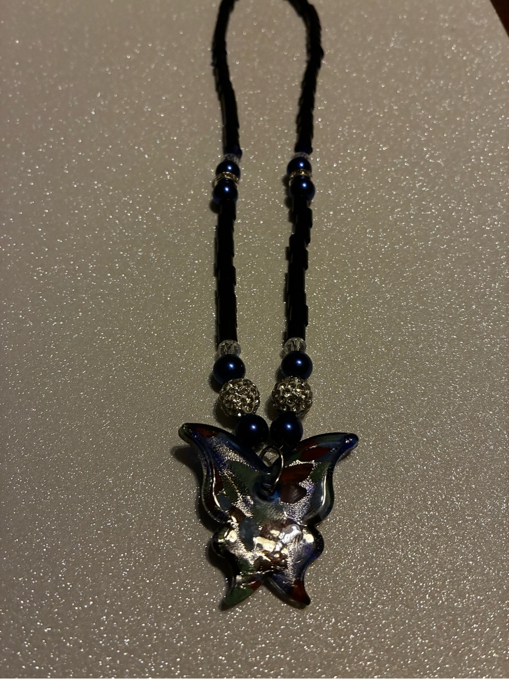 Blue Butterfly Pendant Necklace with Decorative Beads - Women Jewelry